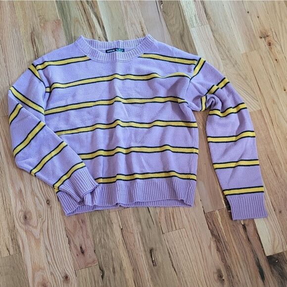 Purple Yellow Striped Crop Sweater Crew Small - Picture 2 of 5